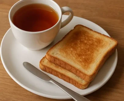 Toast bread with cup of tea
